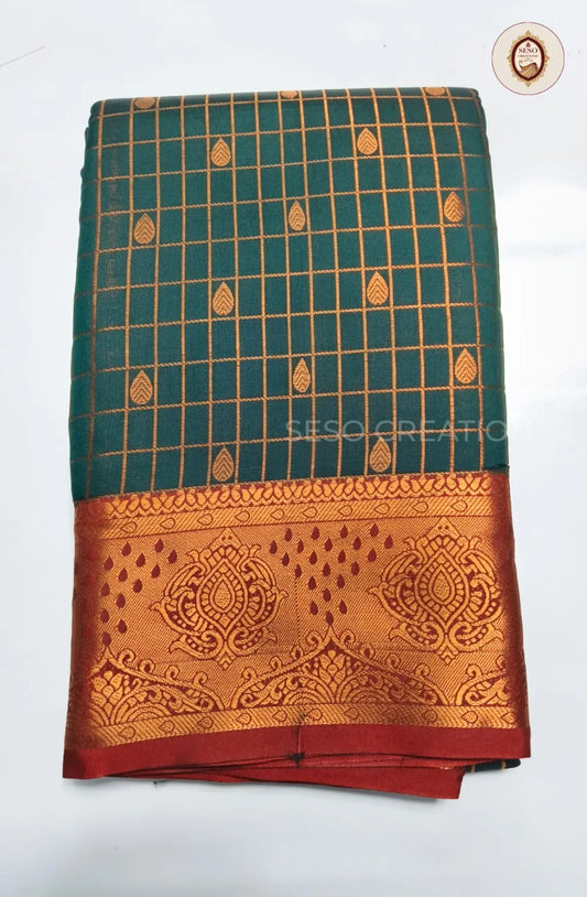 Semi Soft Silk Checked Saree with Small Butta - Bottle Green