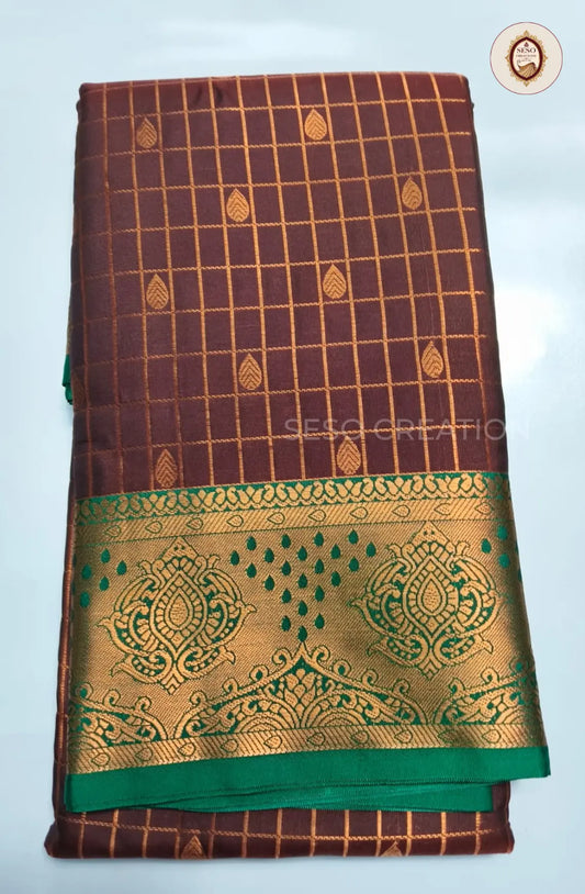 Semi Soft Silk Checked Saree with Small Butta - Brown