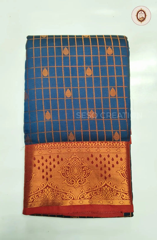 Semi Soft Silk Checked Saree with Small Butta - Dark Blue