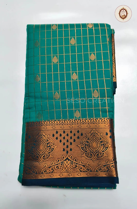 Semi Soft Silk Checked Saree with Small Butta - Rama